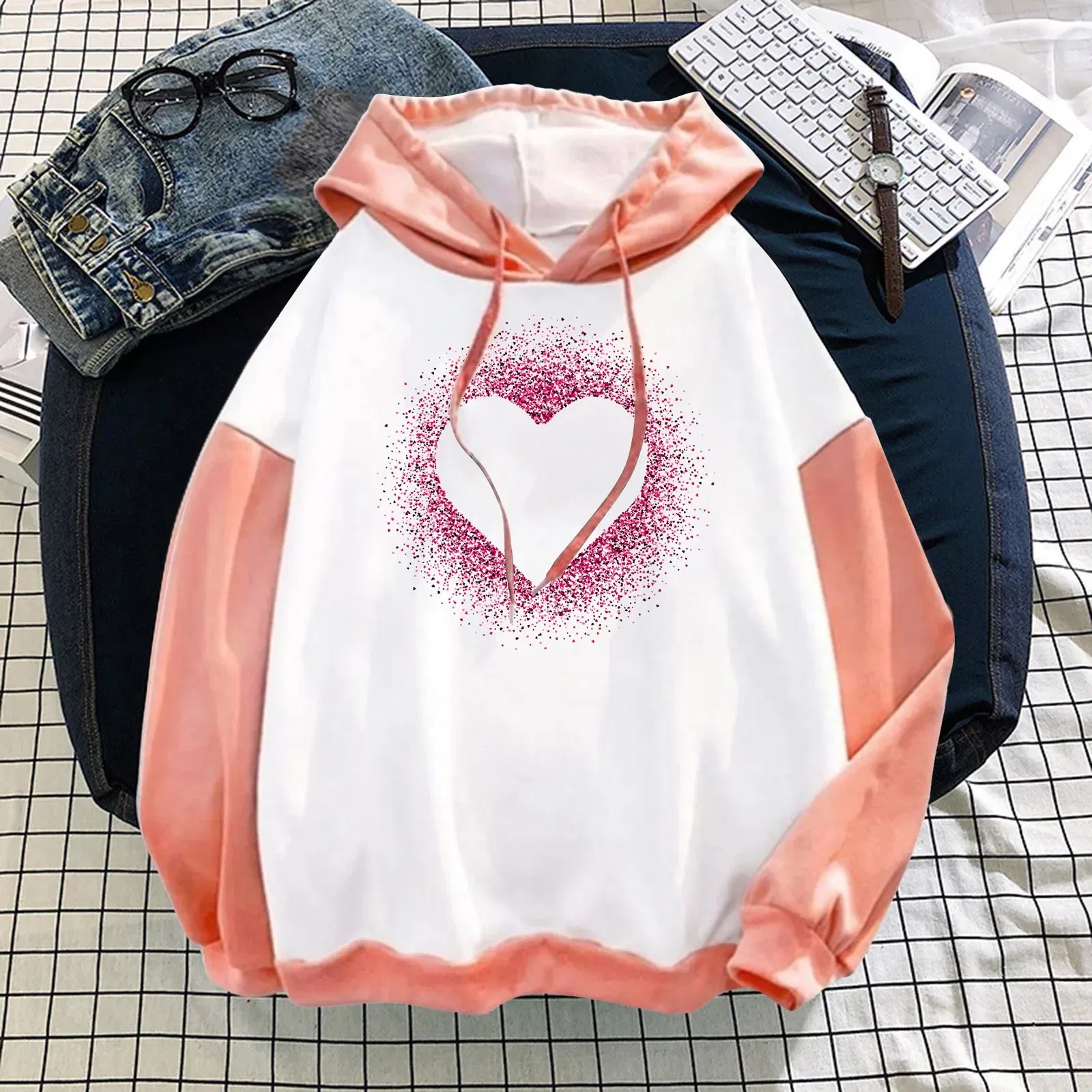 Color: Light  Blue, Size: XXL, Ships From: United States - Women Casual Long Sleeve Sweatshirt Love Print Drawstring Pullover Hoodie Color Block Tops Pullover Casual Top