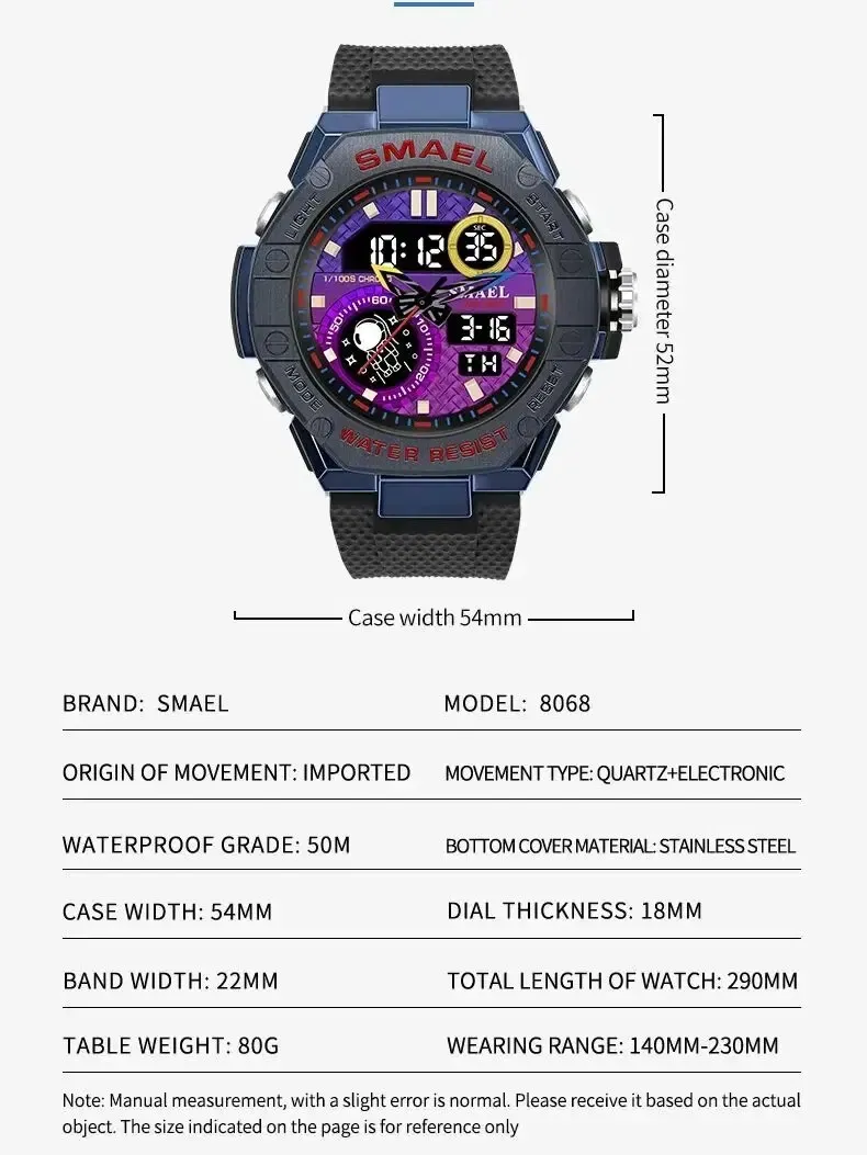 Color: Red - Sports Watch Men Waterproof Watches SMAEL Fashion Brand Digital Quartz Clock Stopwatch 8068 Military Army Quartz Wristwatches