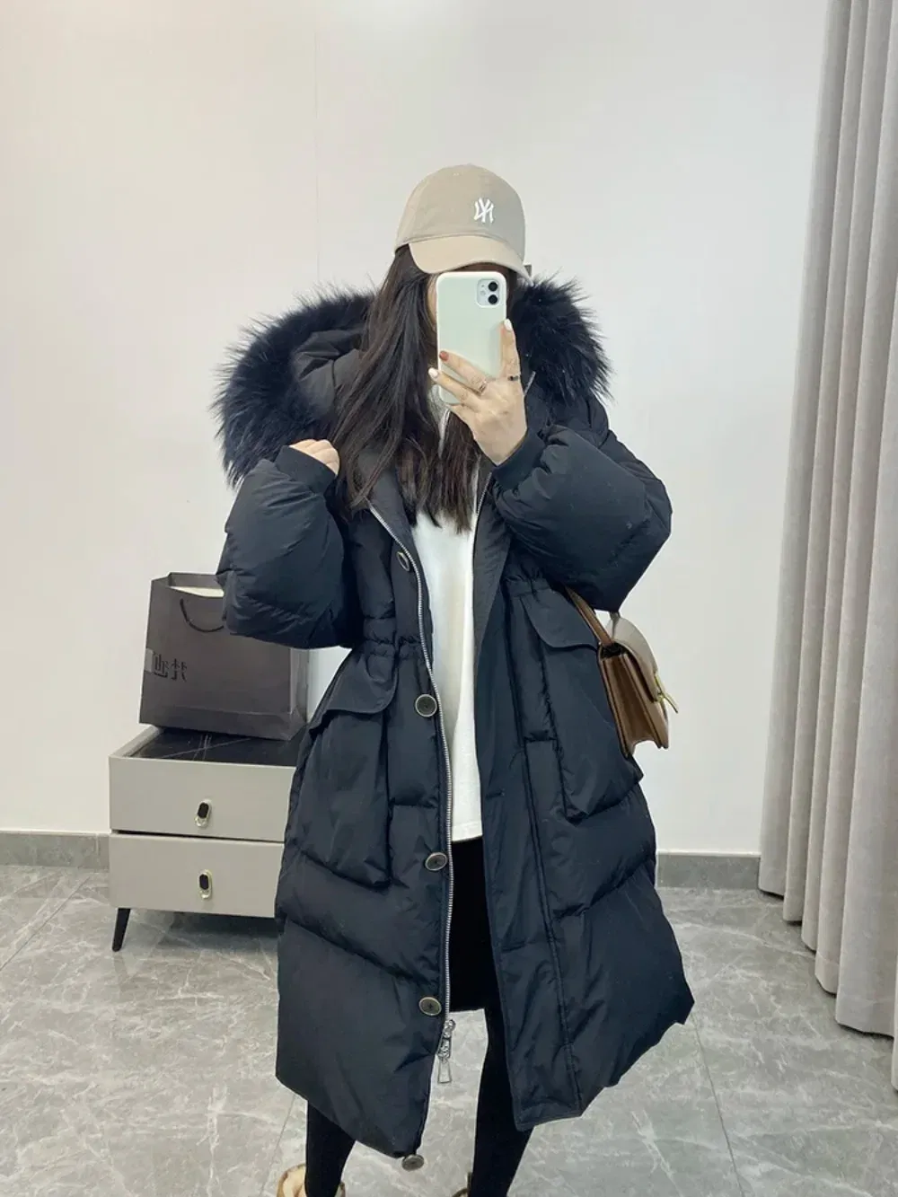 Color: RHODO, Size: M - Down Jacket Women Waterproof Winter Long Puffer Jacket 2024 Real Raccoon Fur Hooded Duck Down Coat Female Rain Feather Parkas