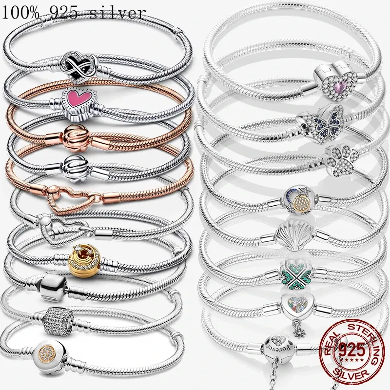 Gem Color: GOLD, Length: 19cm - 925 Silver Heart Snake Chain Bracelet For Women Infinite Knot Butterfly Infinity Clasp Femme Bracelet Bangles Jewelry Gift