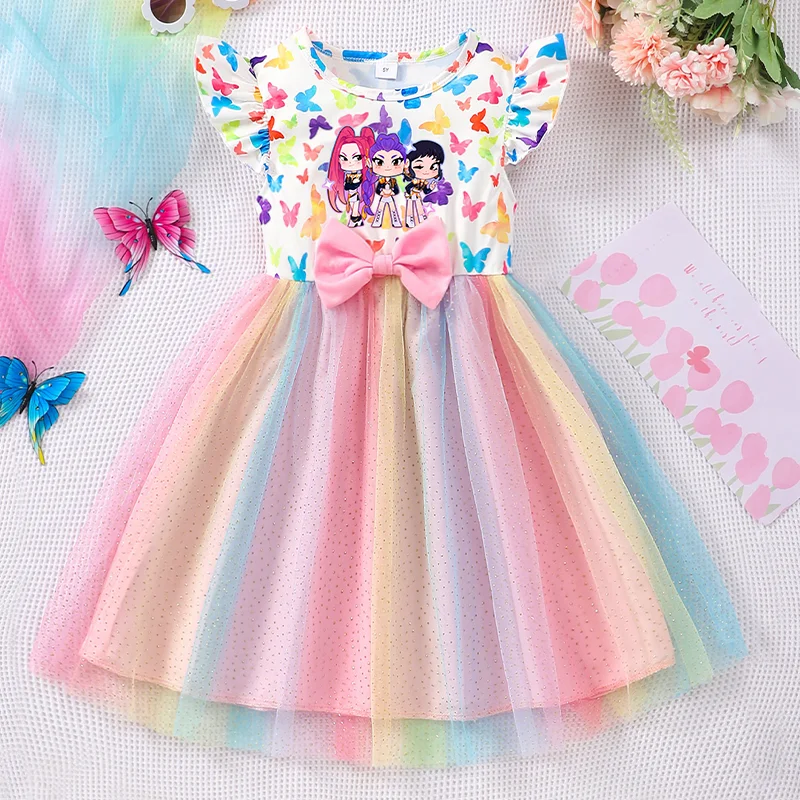 Color: Champagne, Size: One Size, Ships From: CHINA, Height: 158 - KPop Demon Hunter Christmas Princess Dress Girl Fashion Casual Autumn Butterfly Dress Wedding Birthday Party Dress Gift Clothes