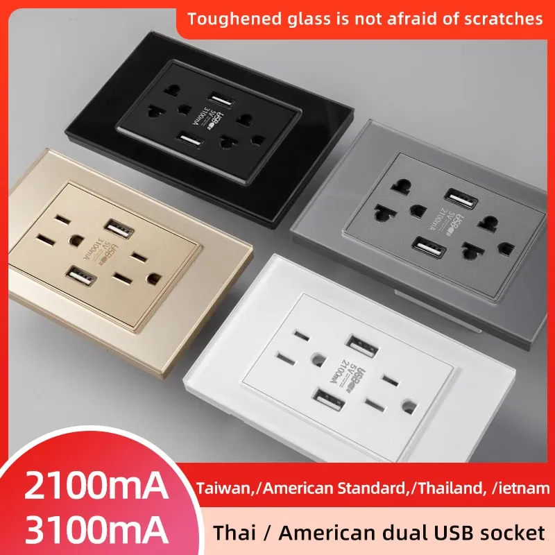 110-250V Herepow 118 Series Thailand American Standard Dual USB Wall Socket Smart Home Appliance Plug Adapter Type-c 3.1A Fast Charging