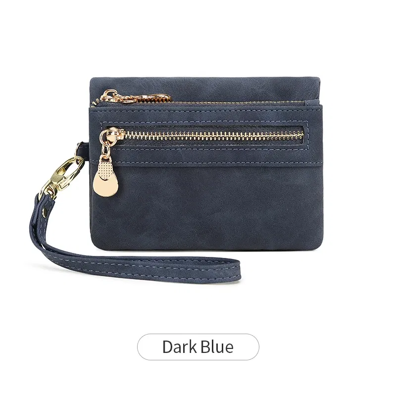 Color: DEEP BLUE - Retro foldingzipper wallet high-quality PUleather portablemultifunctional women's walletfashionable withID card window wrist bag