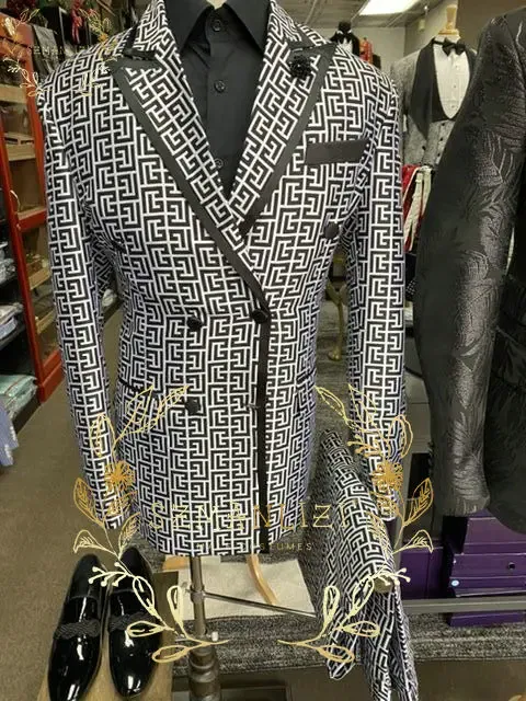 Color: black, Size: 5XL - Luxury Fashion Plaid Groom Tuxedos Double Breasted Men Suits For Wedding Male Party Dress Costume Homme ( jacket+Pants)