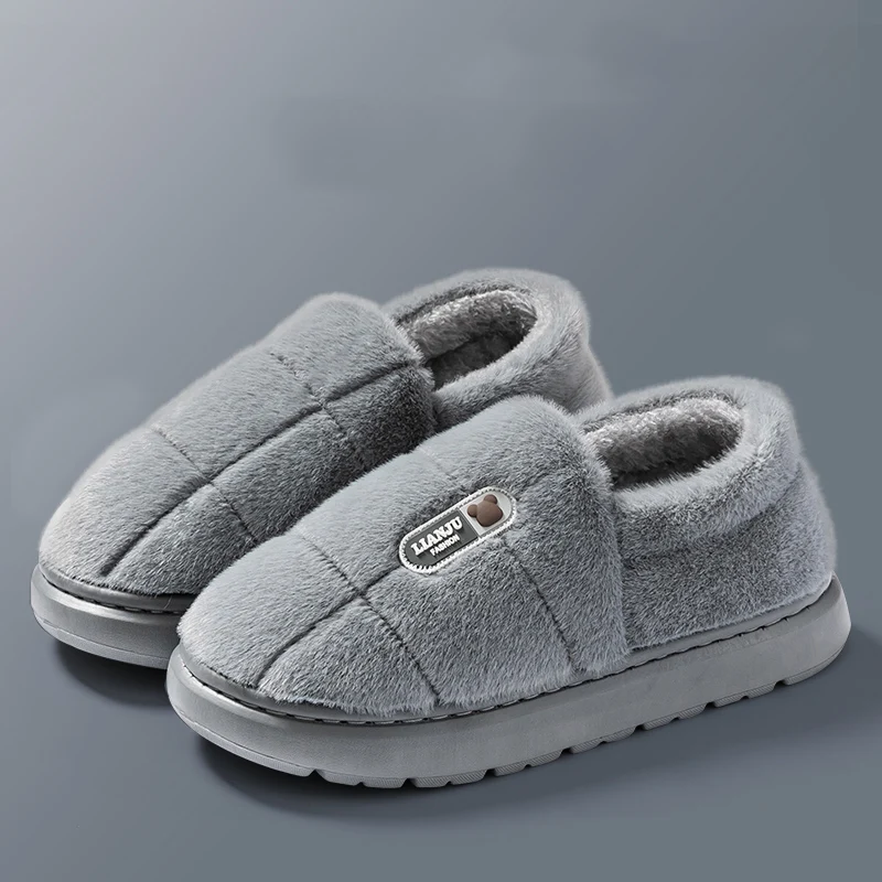 Color: WHITE, Shoe Size: 42-43 - Men's slippers Winter Solid Color Wrap Heels Plush Slippers Non-slip Warm Women Men Home Casual Cotton Shoes Big Size 50 51