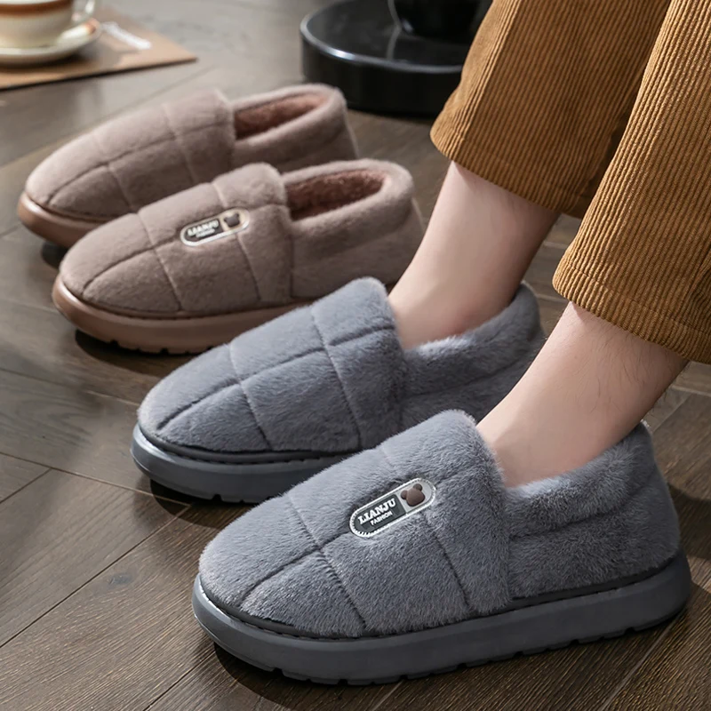 Color: WHITE, Shoe Size: 42-43 - Men's slippers Winter Solid Color Wrap Heels Plush Slippers Non-slip Warm Women Men Home Casual Cotton Shoes Big Size 50 51