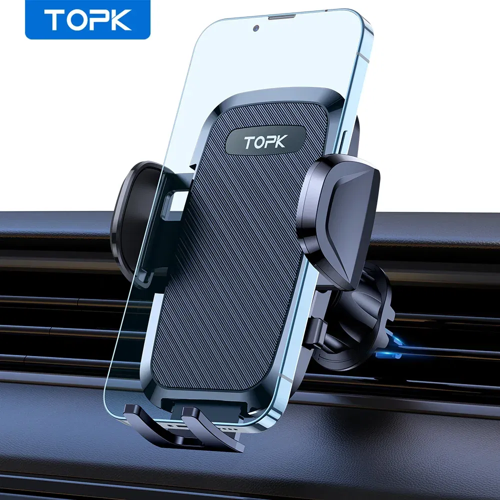 Color: black - TOPK Car Phone Holder 4 in 1 Super Stable Car Phone Mount for Car Dashboard/Windscreen/Air Vent Compatible with All Mobile Phone