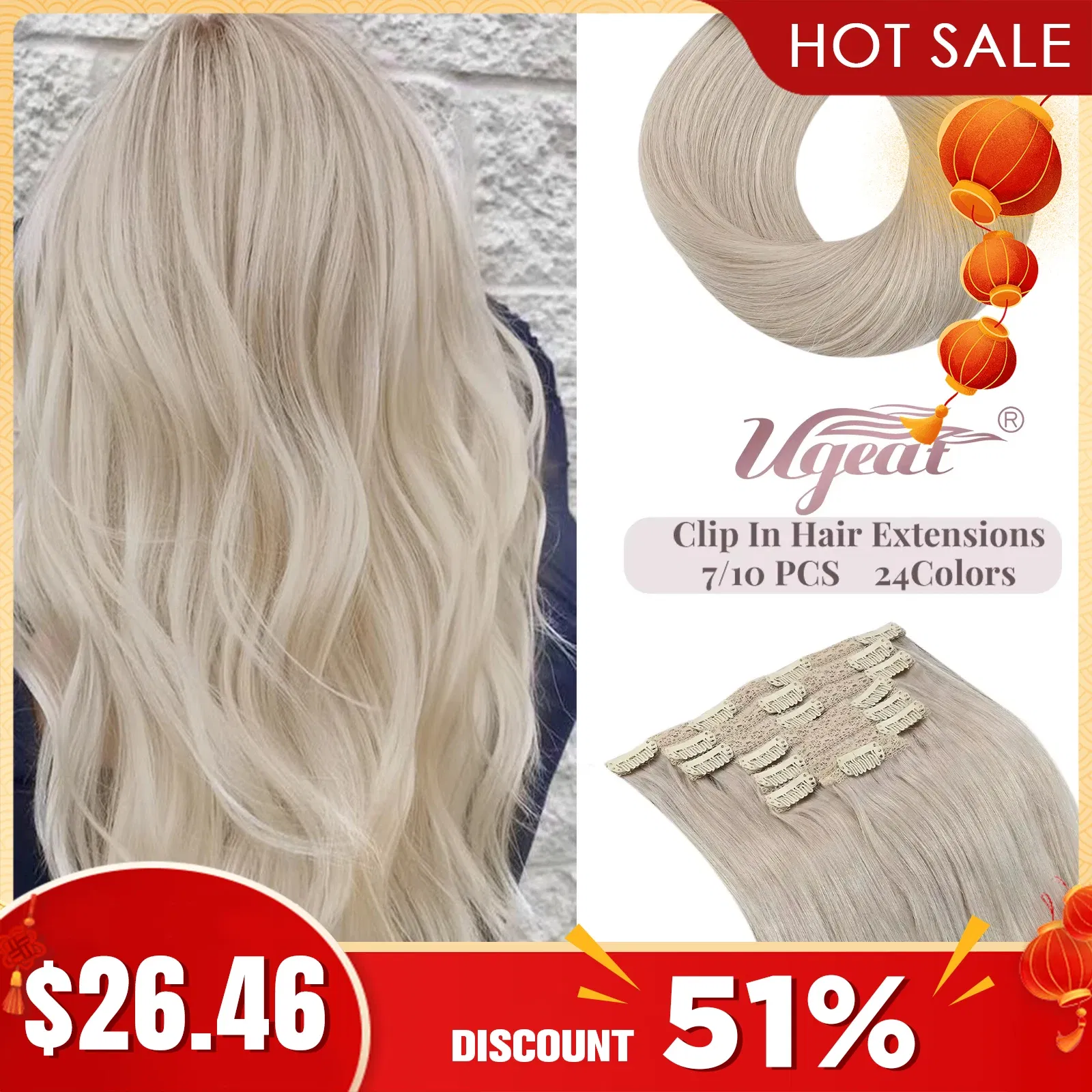 Color: Red, Length: 22 inches, Weight Per Package: 120g/Set - [16 Colors] Ugeat Clip in Hair Extensions Human Hair 14-22" Double Weft Remy Hair Full Head Clip in Extensions for Woman 7Pcs