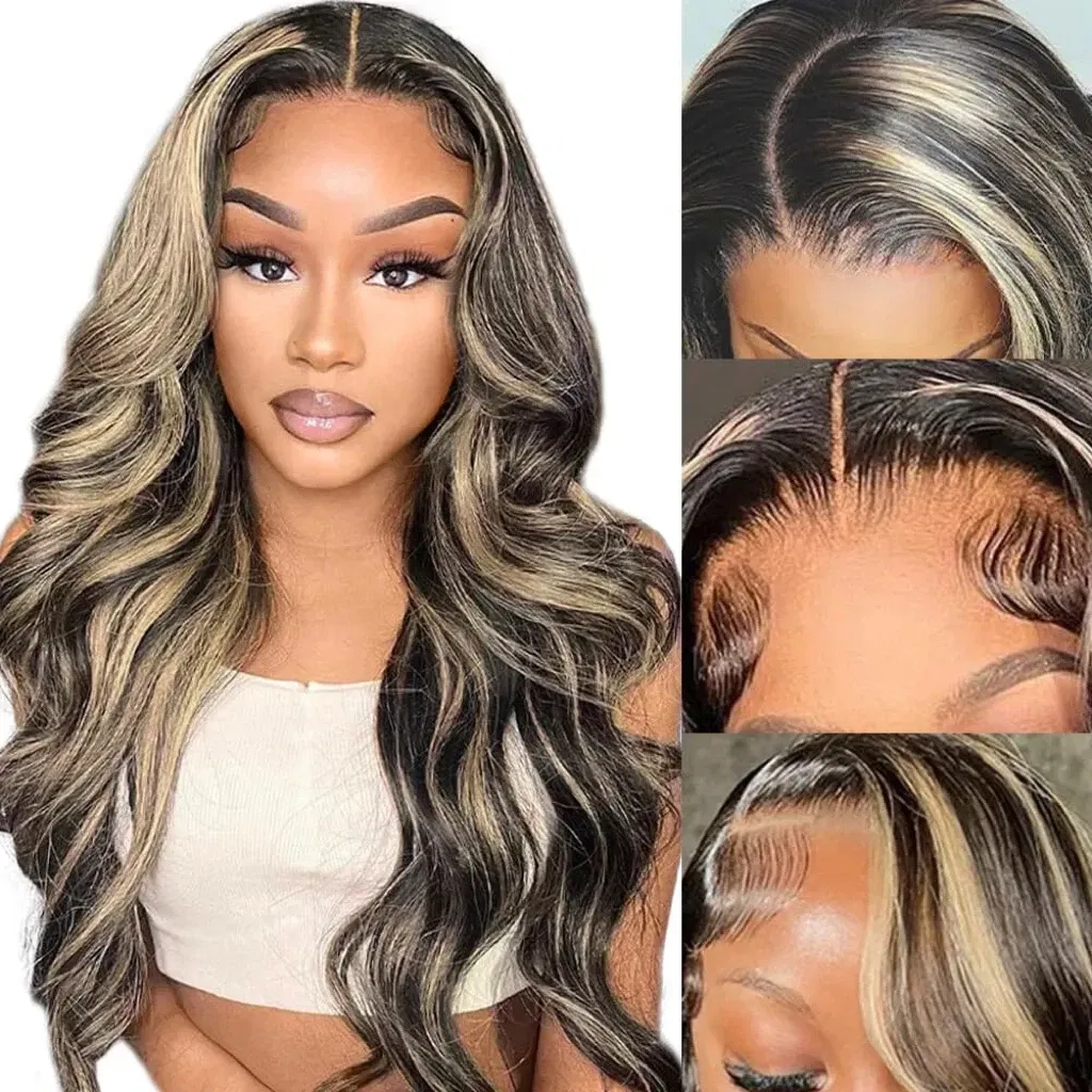 Hair Color: #6, Stretched Length: 24inches, Density: 180% - Highlight Blonde #1B/27 13X4 Lace Front Wigs Boday Wave Human Hair Transparent Lace Frontal Wigs Pre Plucked For Salon Quality