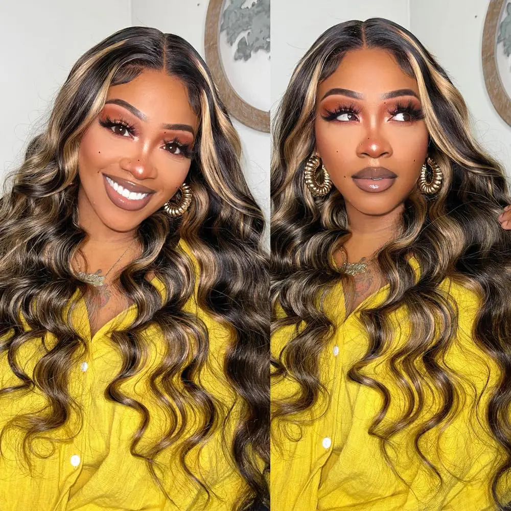 Hair Color: #6, Stretched Length: 24inches, Density: 180% - Highlight Blonde #1B/27 13X4 Lace Front Wigs Boday Wave Human Hair Transparent Lace Frontal Wigs Pre Plucked For Salon Quality