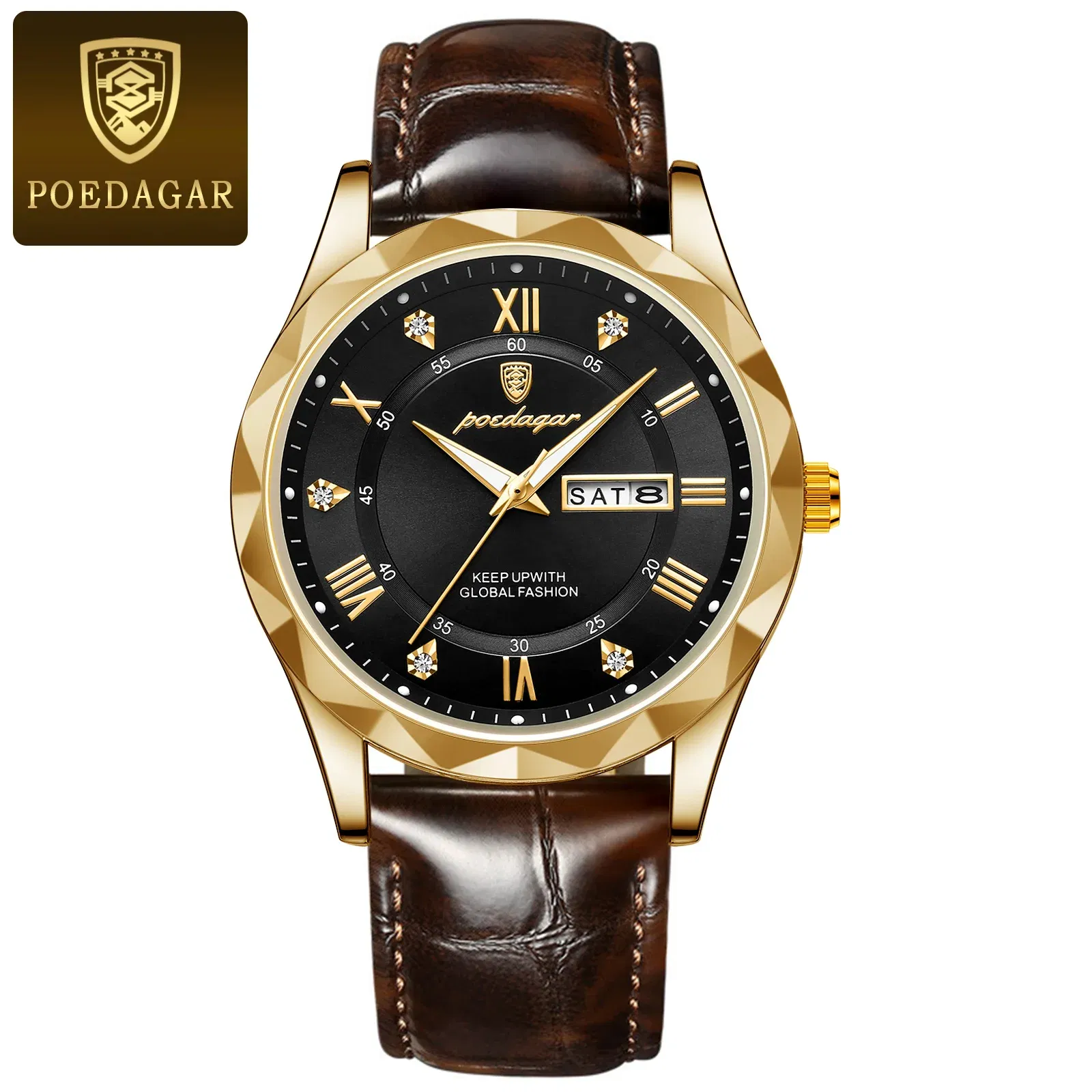 Color: Rose - POEDAGAR Luxury Business Man Wristwatch Waterproof Luminous Date Week Men Watch For Men Quartz Clock Leather Men's Watches reloj