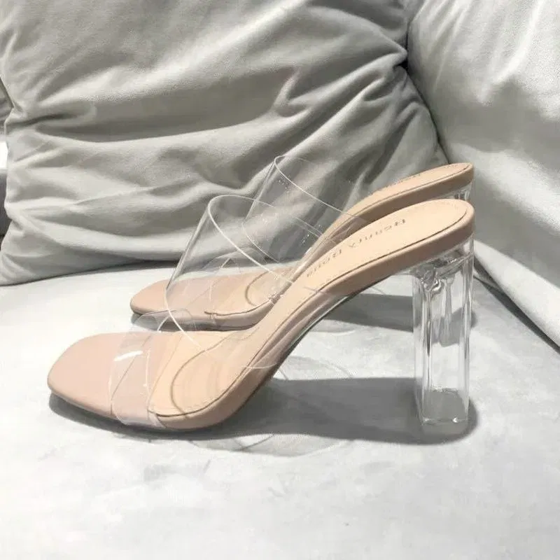 Color: Beige, Shoe Size: 35 - Summer Women Pumps Sandals PVC Jelly Slippers Open Toe High Heels Women Transparent Perspex Slippers Shoes Heel Clear Sandals