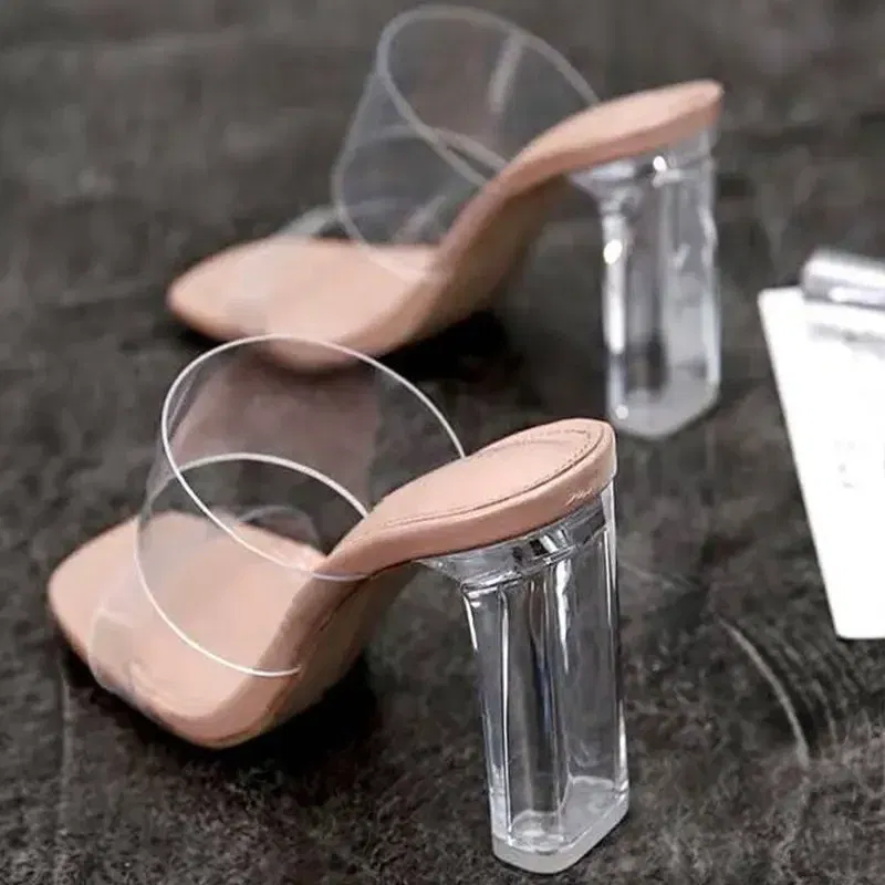Color: Beige, Shoe Size: 35 - Summer Women Pumps Sandals PVC Jelly Slippers Open Toe High Heels Women Transparent Perspex Slippers Shoes Heel Clear Sandals