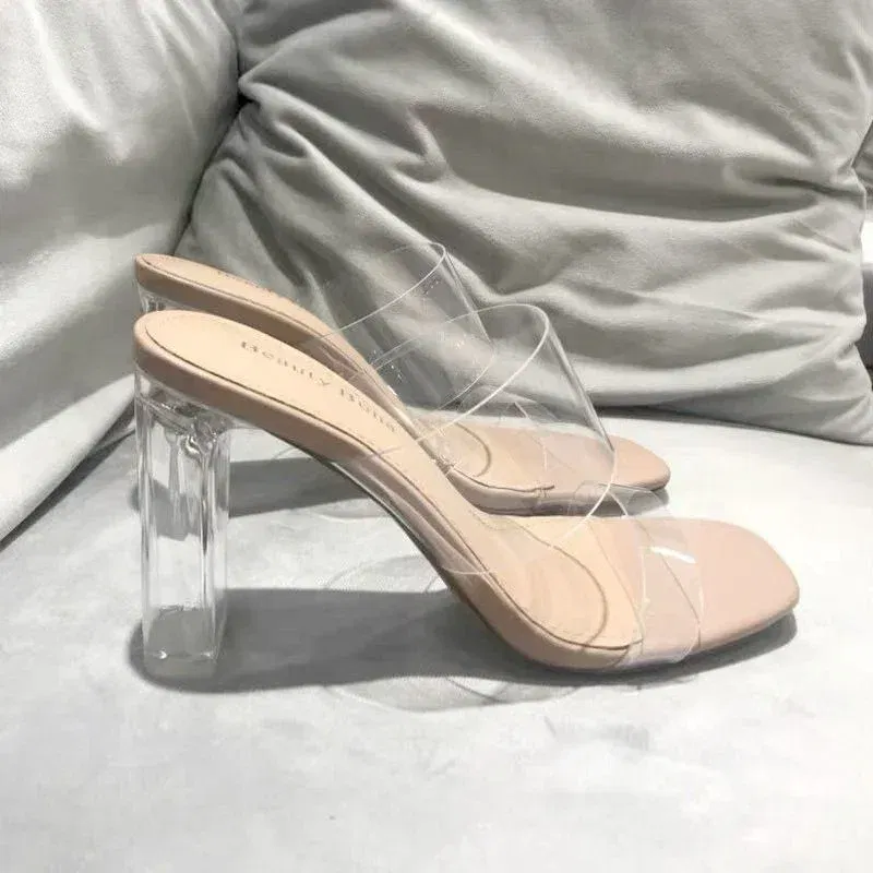 Color: Beige, Shoe Size: 35 - Summer Women Pumps Sandals PVC Jelly Slippers Open Toe High Heels Women Transparent Perspex Slippers Shoes Heel Clear Sandals