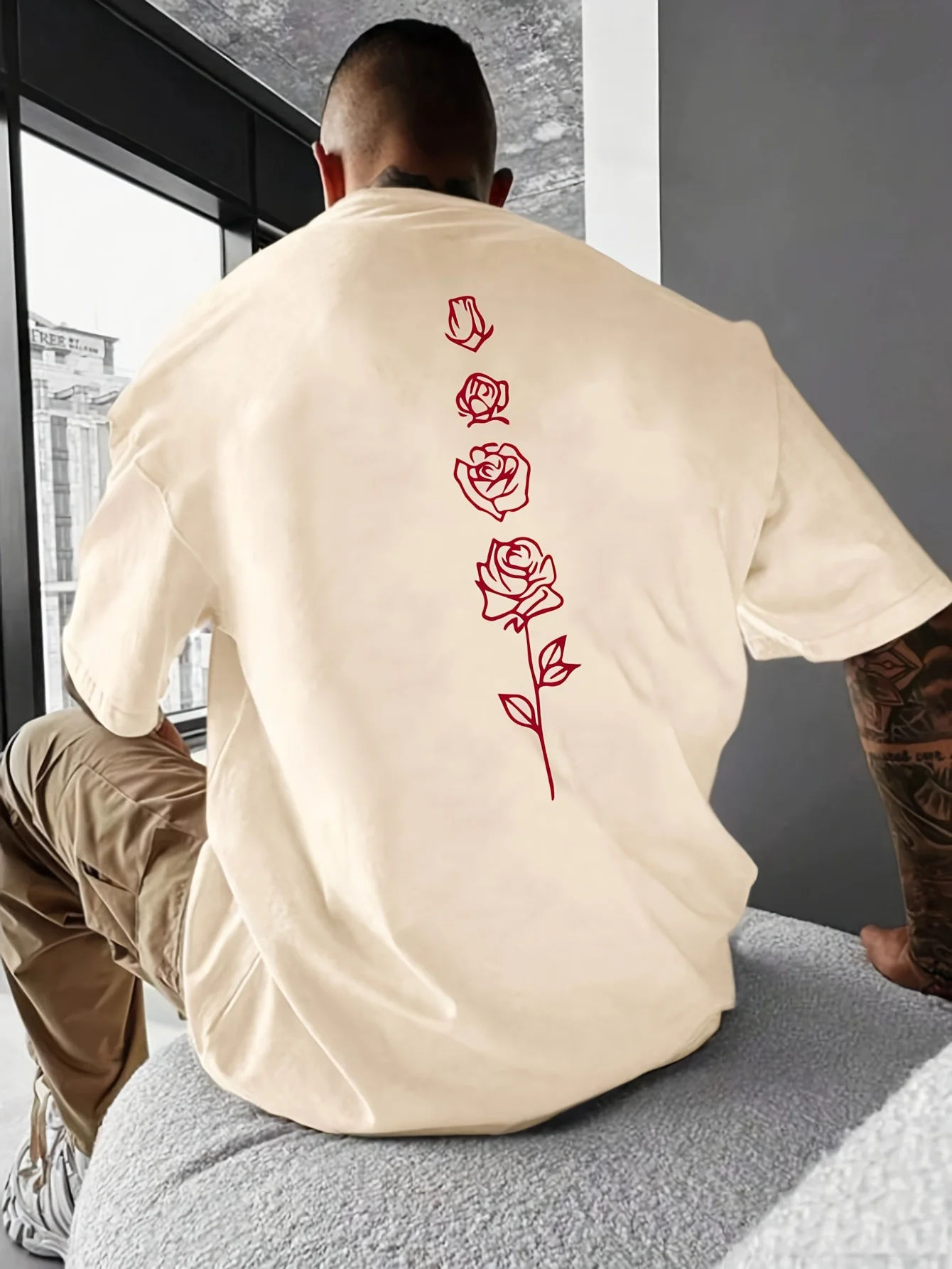 Color: Gold, Size: S - Men's Summer Loose Fit  100 Cotton Rose pattern Print T-shirt Tops