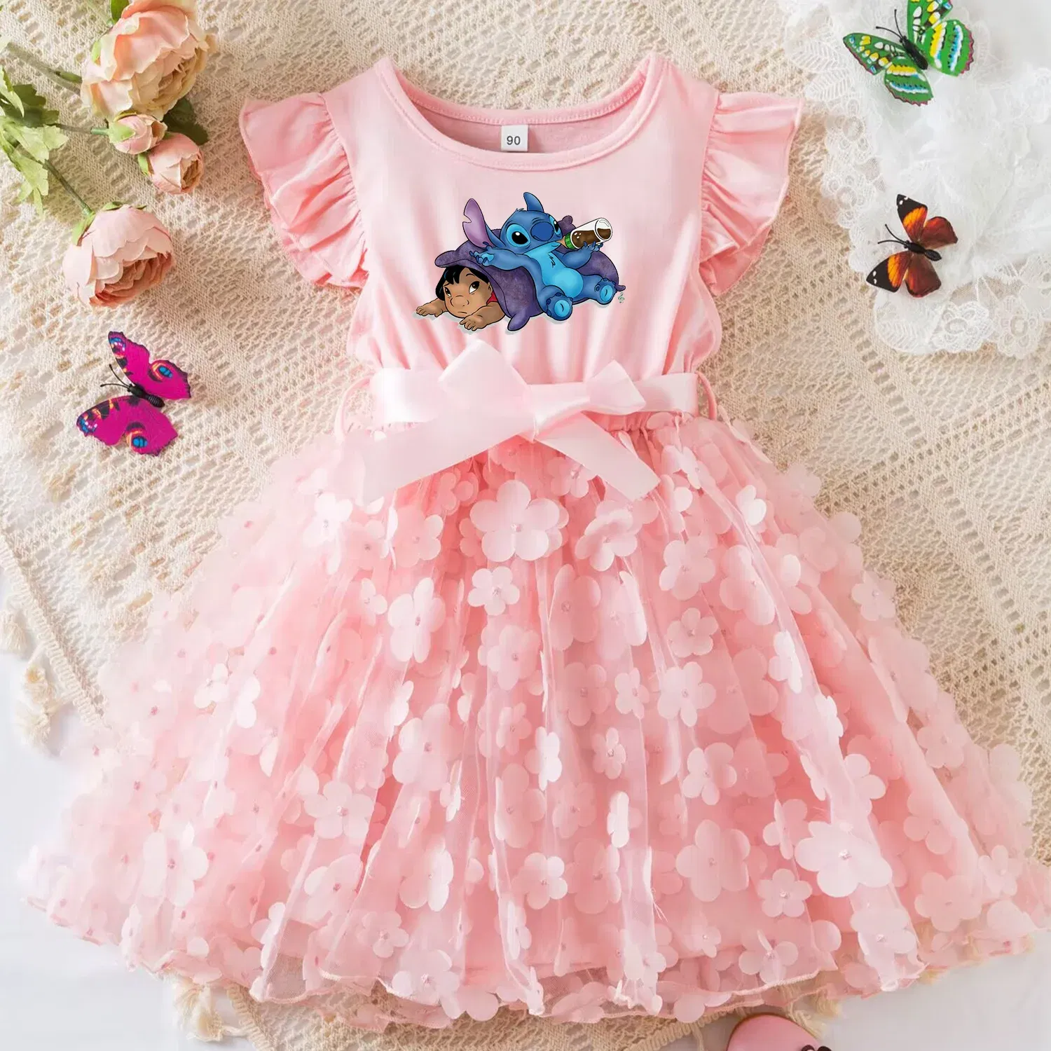 Color: army green, Size: L - 3D Butterfly Cute Lilo Stitch Summer Dress for Kid's Casual Clothes Baby Girls Beautiful Princess Dress Party Dresses 2-6 Yrs