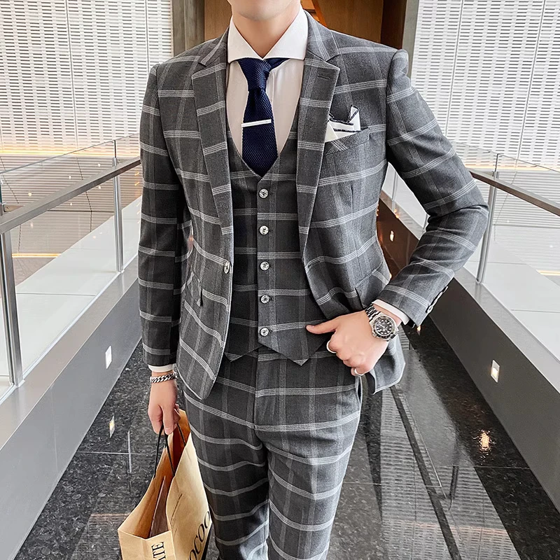 Color: Lavender, Size: M - Gray Men Classic Striped/Checked Suits, Business Office 3 Piece, Asian Size Slim Fit Men Dress Jacket & Pants with Vest, S-4XL