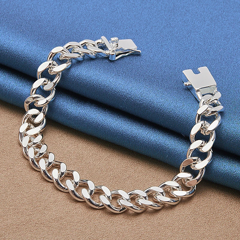 Length: 50cm - ALIZERO 925 Sterling Silver 10MM Chain Necklace Bracelet Set for Man Woman Luxury Wedding Engagement Party Jewelry