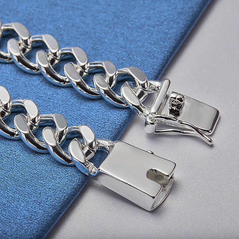 Length: 50cm - ALIZERO 925 Sterling Silver 10MM Chain Necklace Bracelet Set for Man Woman Luxury Wedding Engagement Party Jewelry