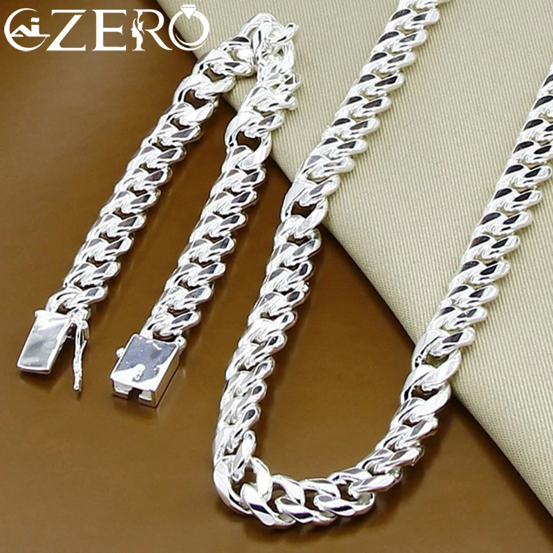Length: 50cm - ALIZERO 925 Sterling Silver 10MM Chain Necklace Bracelet Set for Man Woman Luxury Wedding Engagement Party Jewelry