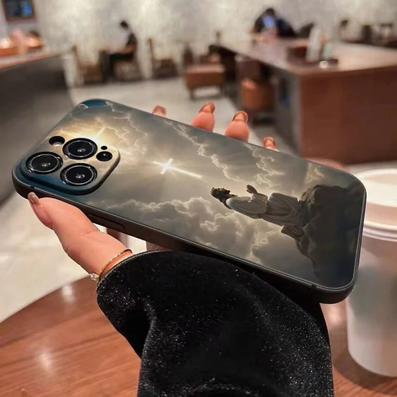 Color: SKY BLUE, Compatible-Phone Models: For iPhone 15 - Jesus Cross Painted Phone Case For iPhone 16 15 14 13 12 11 Pro Max XS X XR 7 8 Plus Mini SE 2020 2022