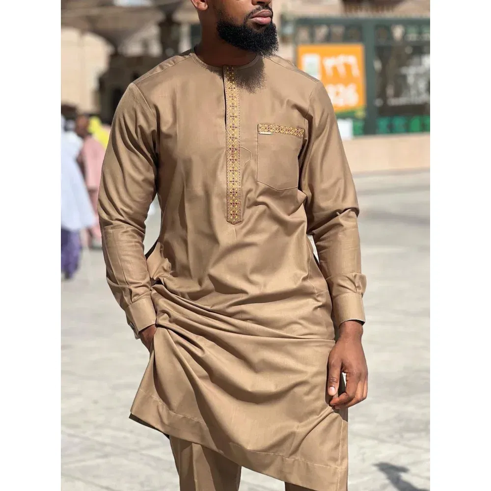 Color: army green, Size: XXXL - 2024 New African Traditional Men's Set Elegant and Fashionable Men's Suit Casual Embroidery Two Piece Set Men's Suit Kaftan