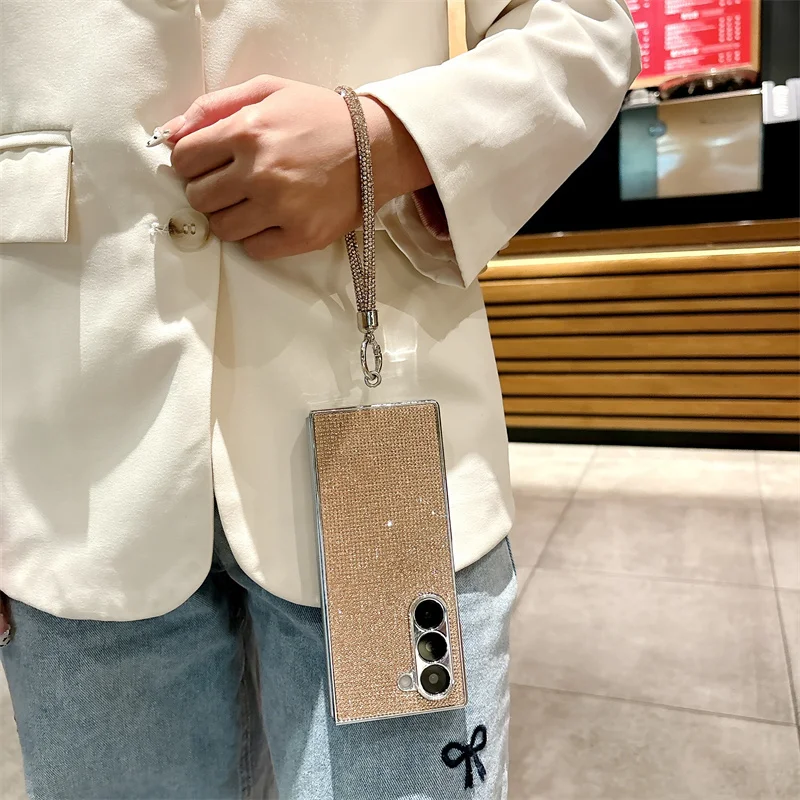 Color: Blue, Material: Denim - Luxury Flash Diamond Sparkling phone case for Samsung Galaxy Z Fold 6 5 zfold 4 Electroplated bracelet shockproof cover