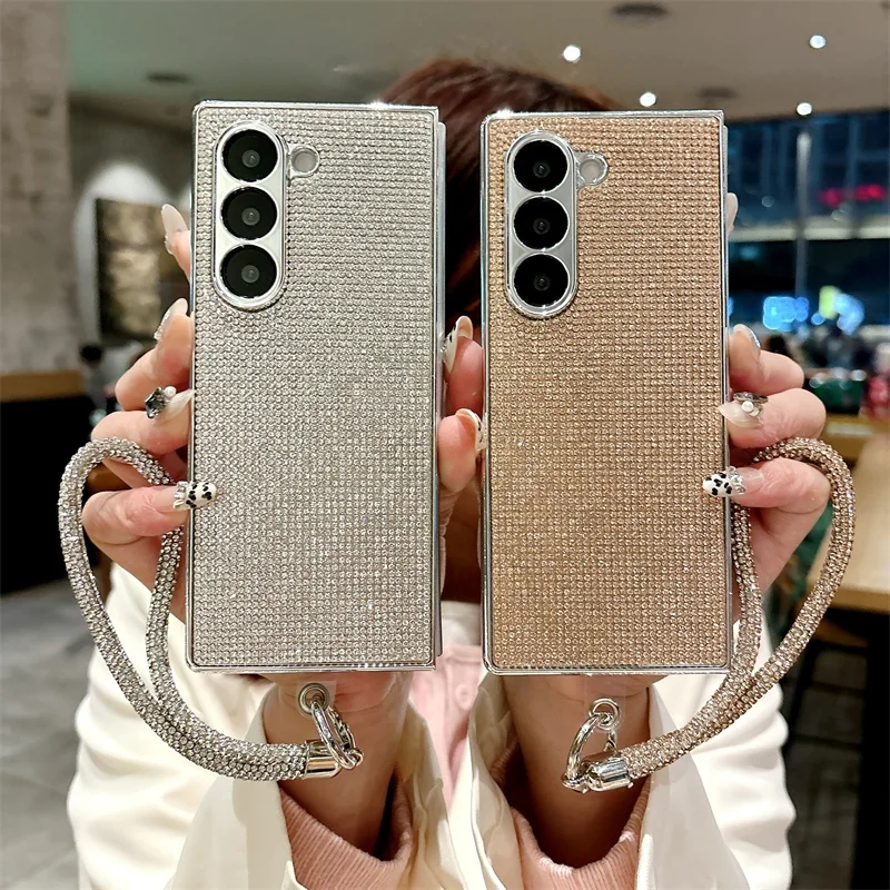 Color: Blue, Material: Denim - Luxury Flash Diamond Sparkling phone case for Samsung Galaxy Z Fold 6 5 zfold 4 Electroplated bracelet shockproof cover