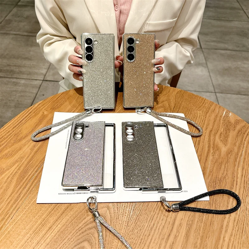 Color: Blue, Material: Denim - Luxury Flash Diamond Sparkling phone case for Samsung Galaxy Z Fold 6 5 zfold 4 Electroplated bracelet shockproof cover