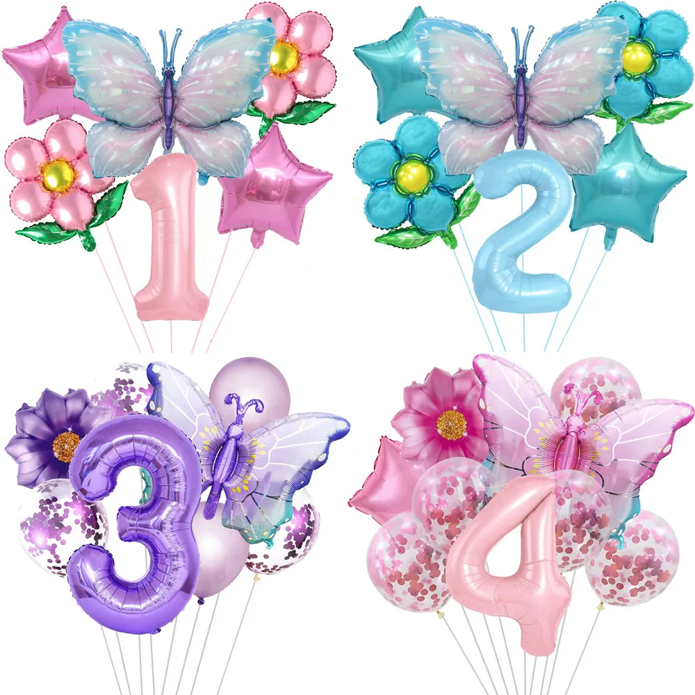 Color: Brown - Butterfly Balloon Set 32/40inch Number Balloon Princess Garden Decoration Girl Fairy Birthday Party Balloon