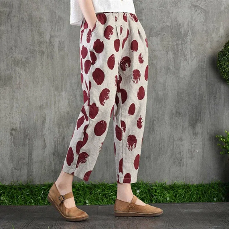 Color: Brown, Size: XL - Cotton and Linen Pants for Women Summer  Printing Harem Pants Female Mother Loose Retro Fashion Women's Ankle Length  Pants