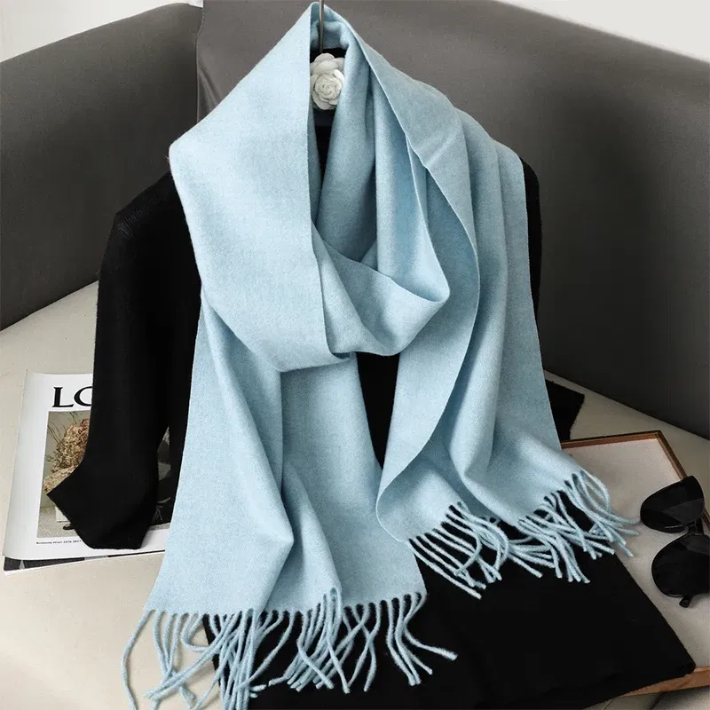 Color: Lake Blue - New 62 Color Winter Scarf For Women Long Warm Cashmere Scarves Hijab Solid Lady Shawl Wrap Female Pashmina Bandana Head Scarfs