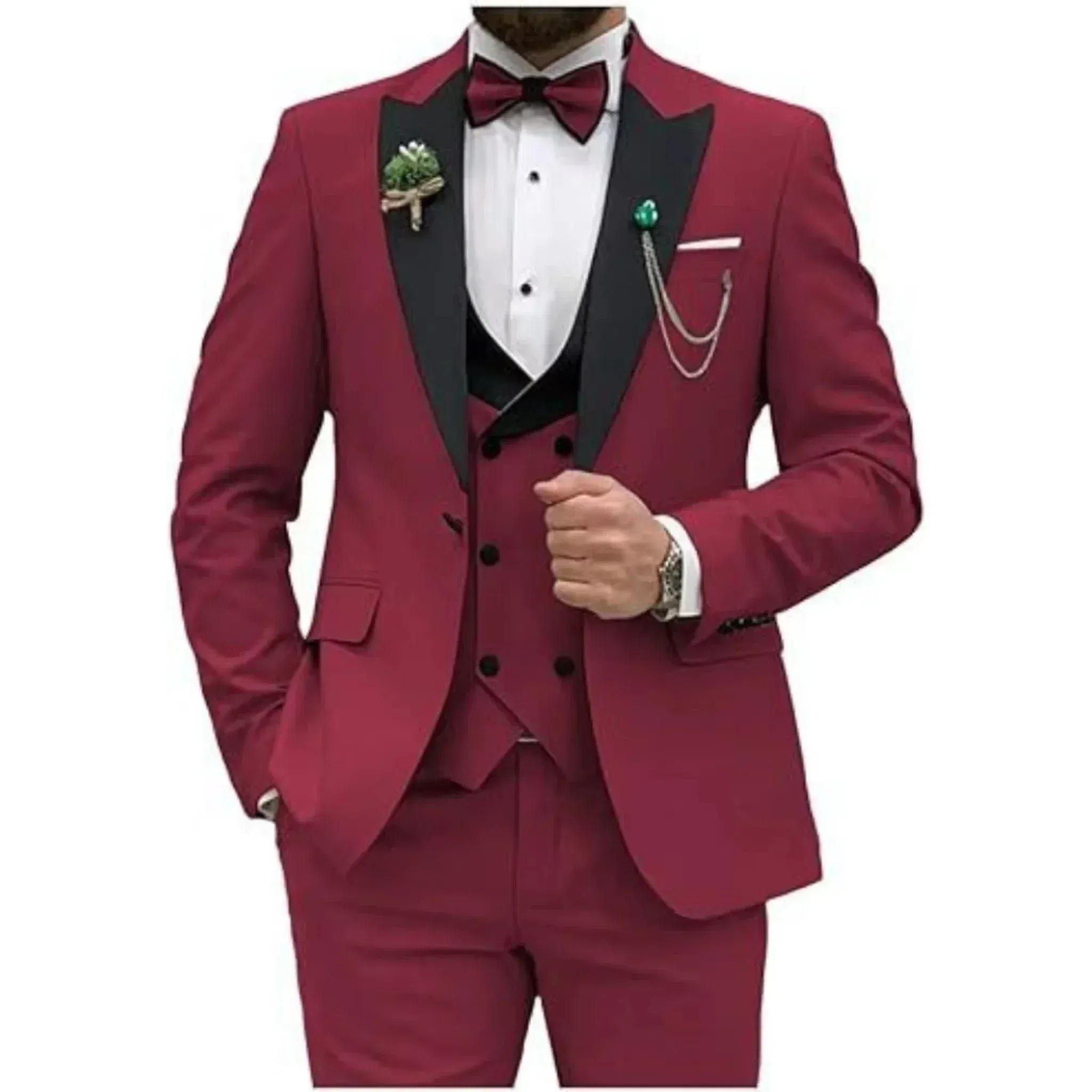 Color: Burgundy, Size: XS - Men Suit Colorful Luxury Blazer Vest And Pant Sets 3 Piece Birthday Dress Business  Prom Evening Party Costumes High Quality