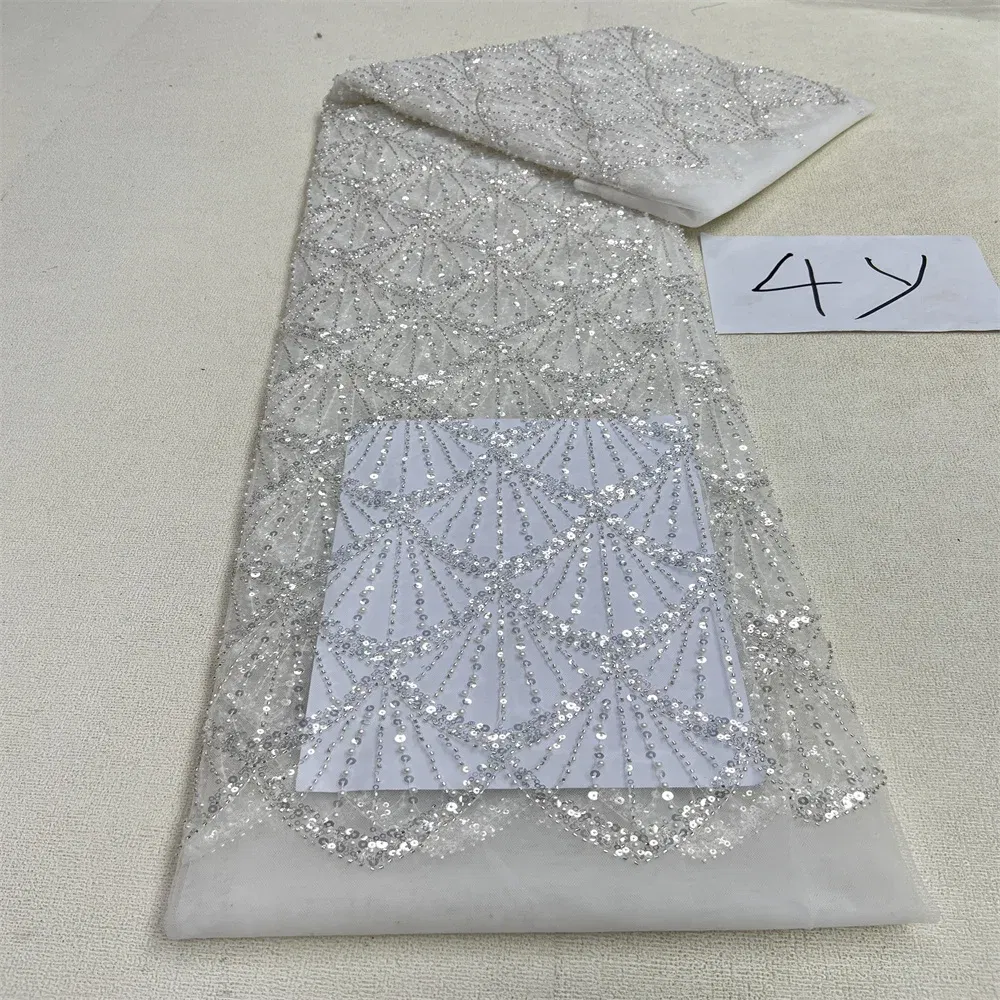 Color: Pink, Length: 5 yards, Width: 120cm - 2025 African Nigerian Tulle Lace Fabric Sequins Sewing Guipure Beads Stone Embroidery Dresses High Quality 4 Yards