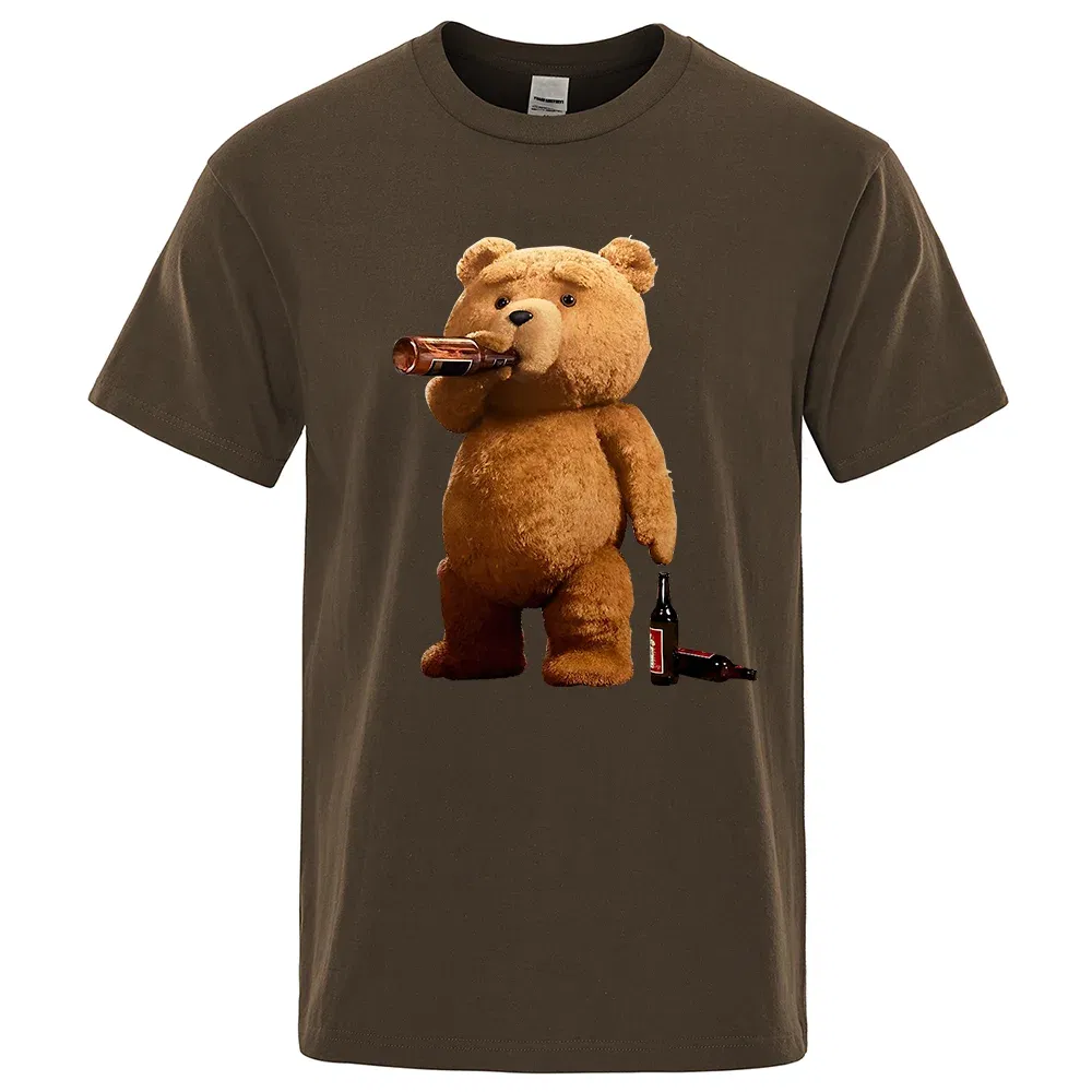 Color: Brown, Size: L - Lovely Ted Bear Drink Beer Poster Funny Printed T-Shirt Men Fashion Casual Short Sleeves Loose Oversize Tee Street Hip Hop Tops