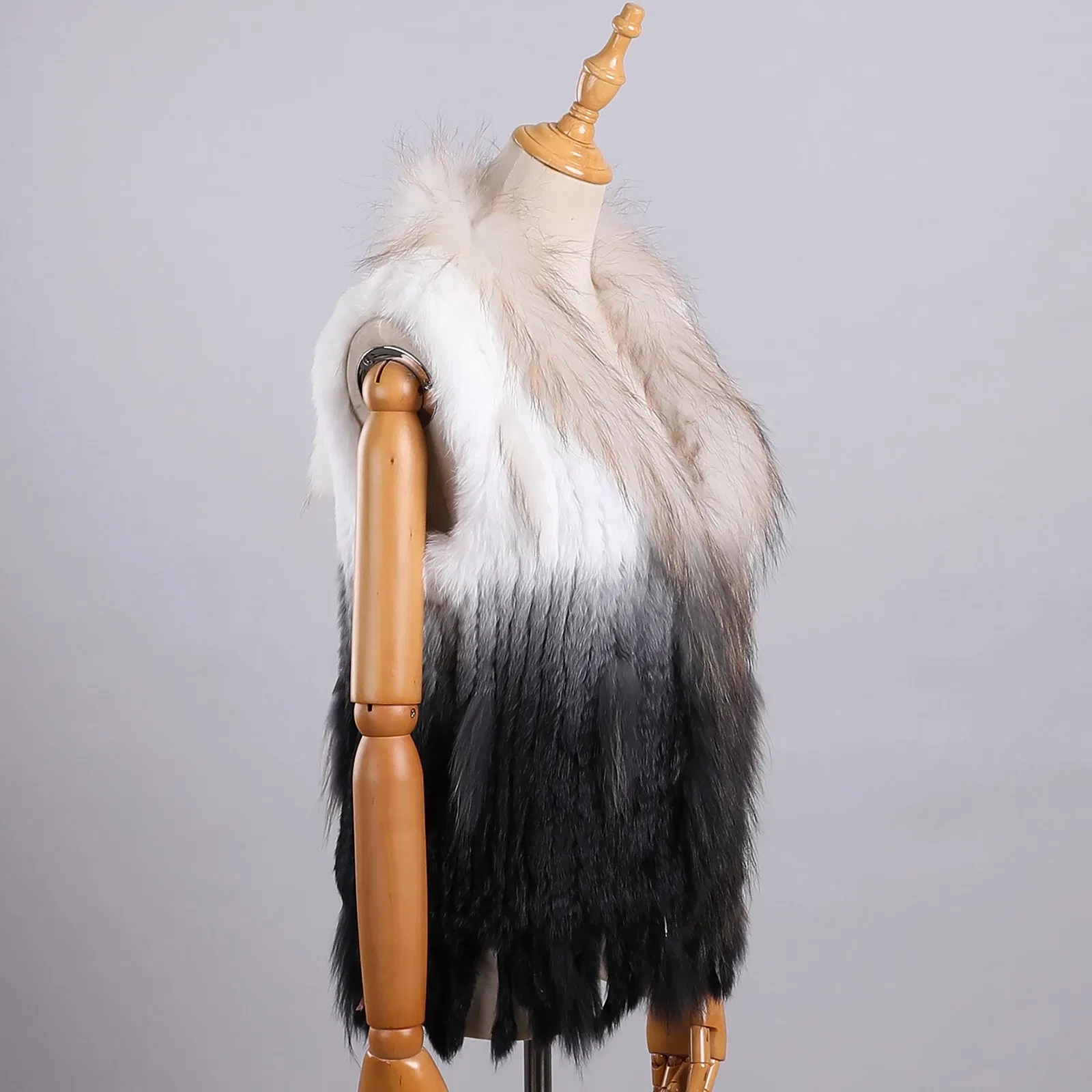 Color: Dark Grey, Size: M - Luxury Women's Genuine Premium Long Hair Rabbit Fur Knit Vest Raccoon Fur Trim Gilet Lady Sleeveless Waistcoat Real Fur Jacket