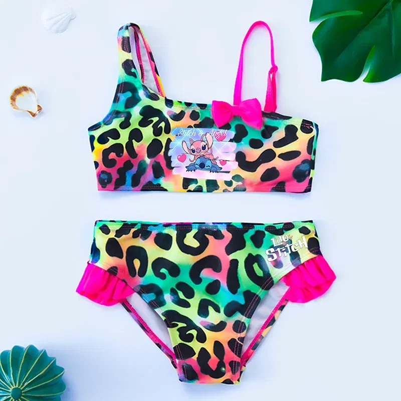 Color: MULTI, Size: M - Lilo Stitch Gilrs Bow Bikini Set Trendy Two-Piece Swimsuits for Summer Stylish Beachwear Pool Fashion Bathing Suits 3-12Y