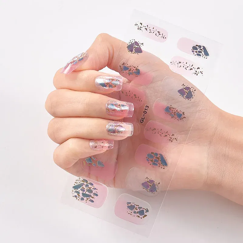 Color: Pink Bronze - 16 Tips/Sheet Patterned Nails With Creative Nail Polish Nail Art Stickers 2020 Temporary Tattoos Kids Full Cover Nail Stickers