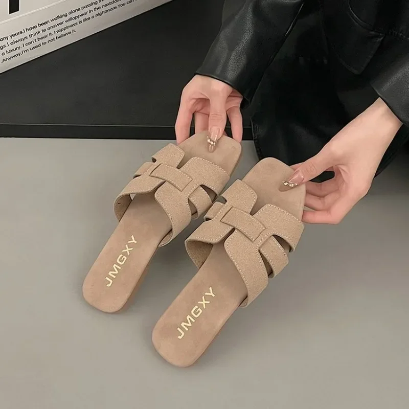 Color: Khaki, Shoe Size: 38 - Summer New Women Slippers Flat Bottom Non-slip Outdoor Open Toe Beach Female Sandals Sexy Fashion Design Slides Woman Shoes