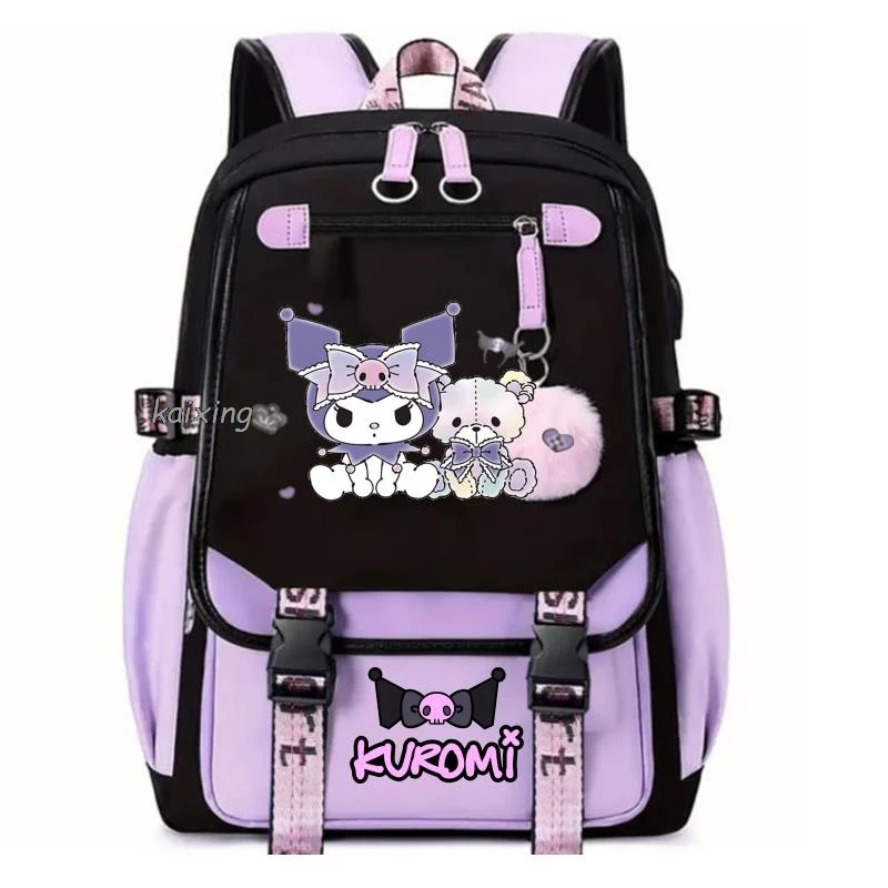 Color: Beige, Size: 17 Inches - Lovely Kuromi Melody Backpacks USB Cartoon Purple Printed Boy Girls School Bag Students Bookbag Teens Women Mochila Escolar Ni?±a