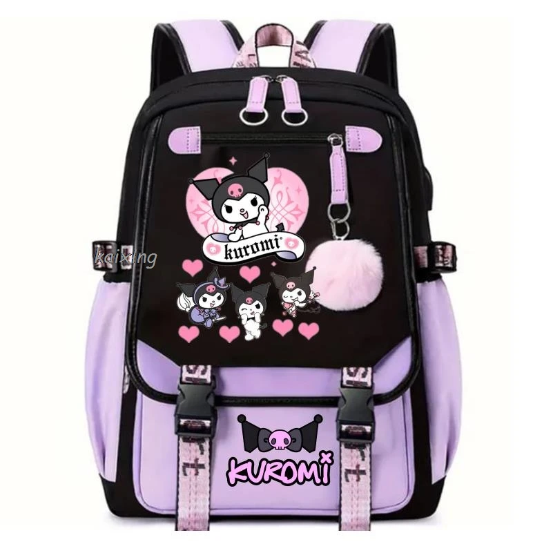 Color: Beige, Size: 17 Inches - Lovely Kuromi Melody Backpacks USB Cartoon Purple Printed Boy Girls School Bag Students Bookbag Teens Women Mochila Escolar Ni?±a