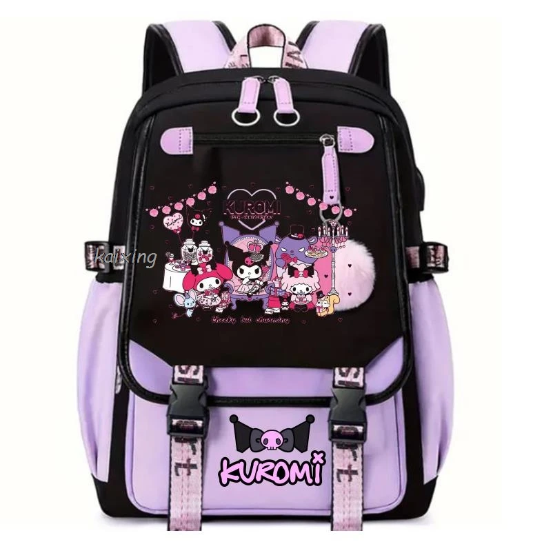 Color: Beige, Size: 17 Inches - Lovely Kuromi Melody Backpacks USB Cartoon Purple Printed Boy Girls School Bag Students Bookbag Teens Women Mochila Escolar Ni?±a
