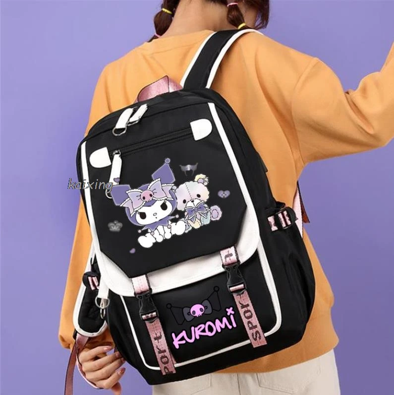 Color: Beige, Size: 17 Inches - Lovely Kuromi Melody Backpacks USB Cartoon Purple Printed Boy Girls School Bag Students Bookbag Teens Women Mochila Escolar Ni?±a