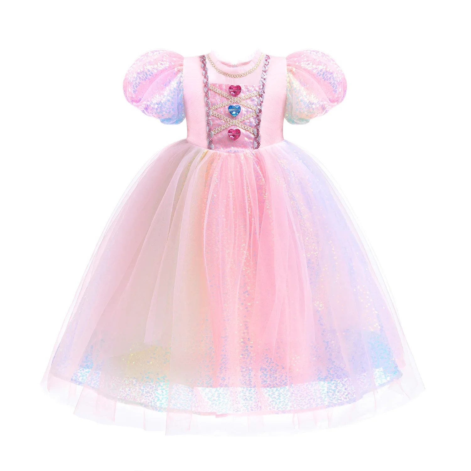Girls' New Pearl Gradient Sequin Colored Gemstone Mesh with Bubble Sleeves Princess Dress Halloween Mermaid Cosplay Dress
