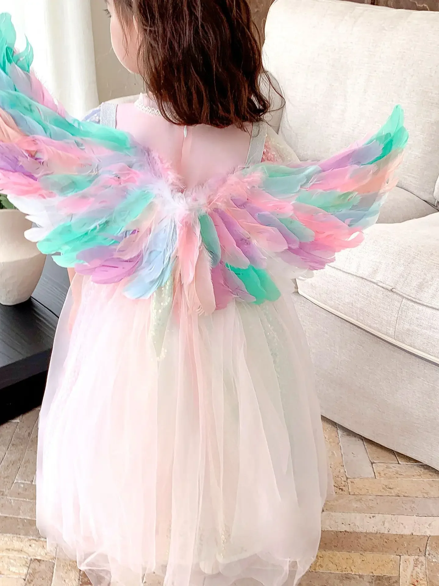 Girls' New Pearl Gradient Sequin Colored Gemstone Mesh with Bubble Sleeves Princess Dress Halloween Mermaid Cosplay Dress