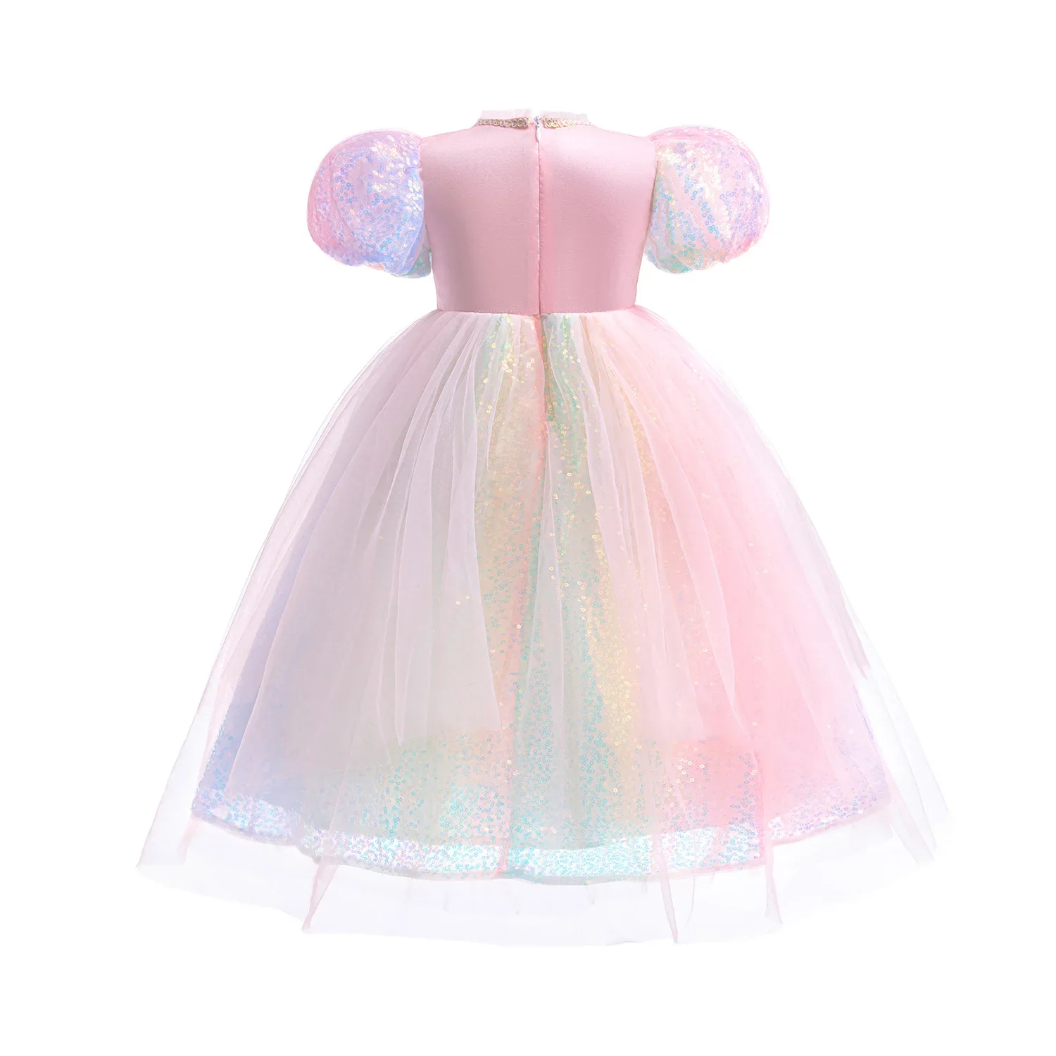 Girls' New Pearl Gradient Sequin Colored Gemstone Mesh with Bubble Sleeves Princess Dress Halloween Mermaid Cosplay Dress