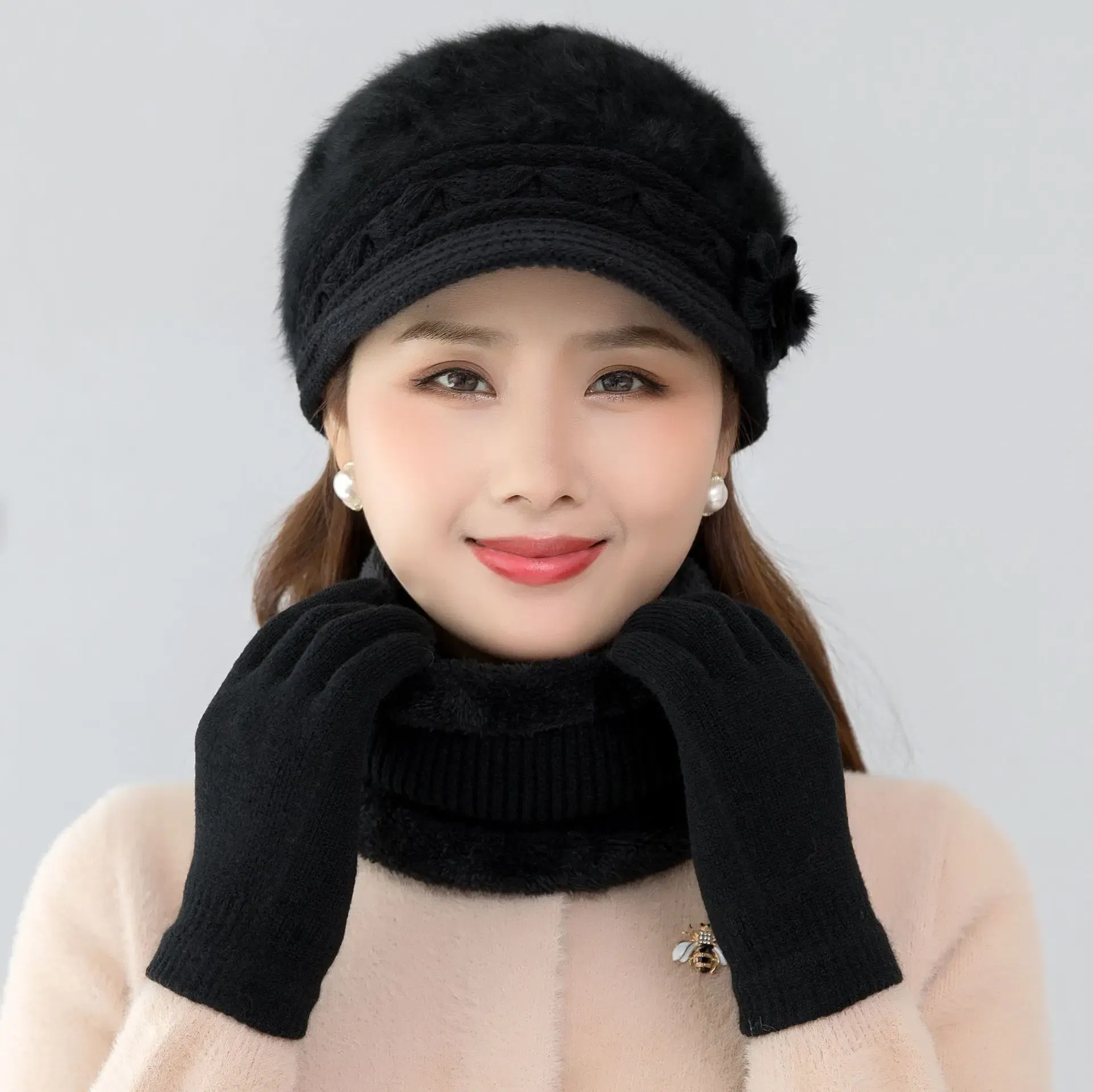 Color: army green - New Women Winter Hat Keep Warm Cap Add Fur Lined Hat & Scarf Warm Set Fashion Hat For Women Casual Faux Fur Flower Knitted Hat