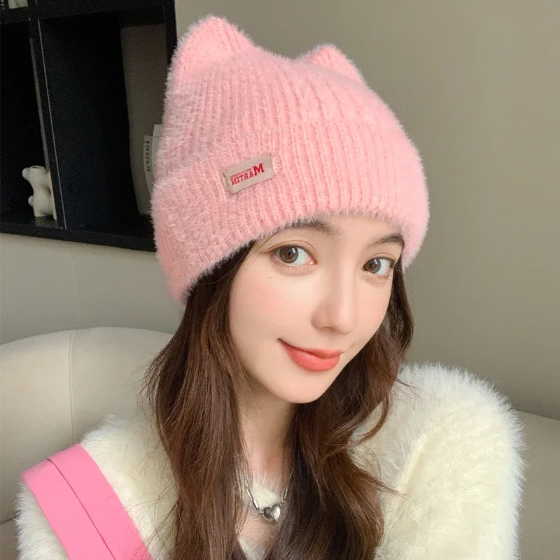 Color: Coffee, Size: One Size - New Women Cute Cat Ear Earflap Winter Hat Fashion Faux Fur Knitted Hat Kpop Style Soft Beanie Hats Candy Female Streetwear Cap