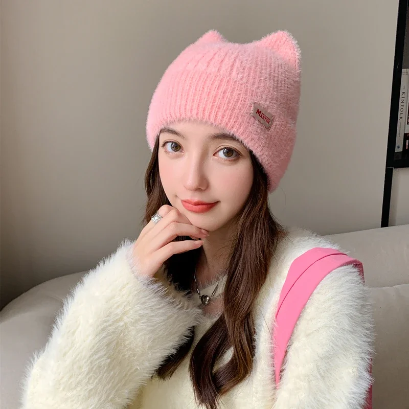 Color: Coffee, Size: One Size - New Women Cute Cat Ear Earflap Winter Hat Fashion Faux Fur Knitted Hat Kpop Style Soft Beanie Hats Candy Female Streetwear Cap