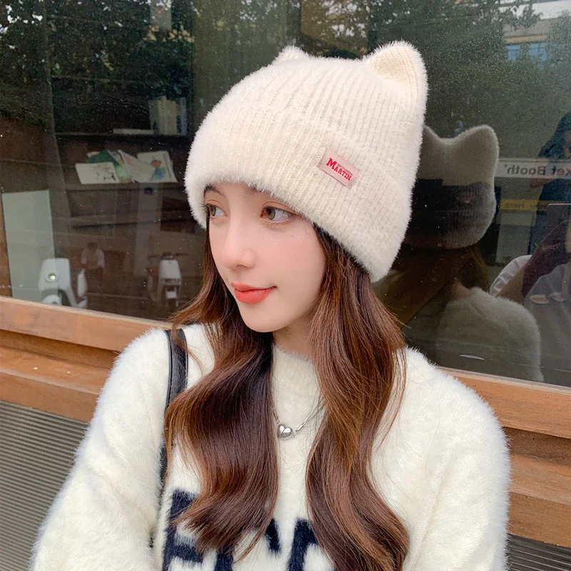 Color: Coffee, Size: One Size - New Women Cute Cat Ear Earflap Winter Hat Fashion Faux Fur Knitted Hat Kpop Style Soft Beanie Hats Candy Female Streetwear Cap